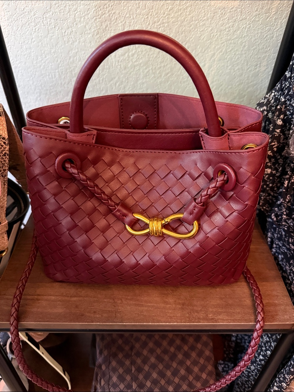 Woven Leather Tote Bag in Deep Burgundy